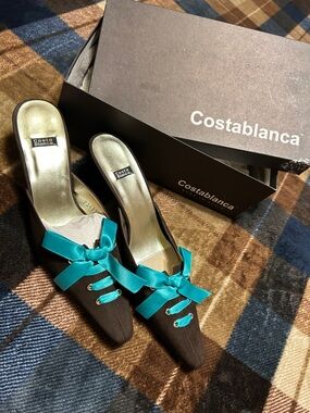 Costa Blanca Brown Satin Mules with Teal Ribbon Accents
